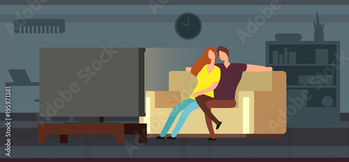 Young couple watching tv on sofa in modern living room vector illustration