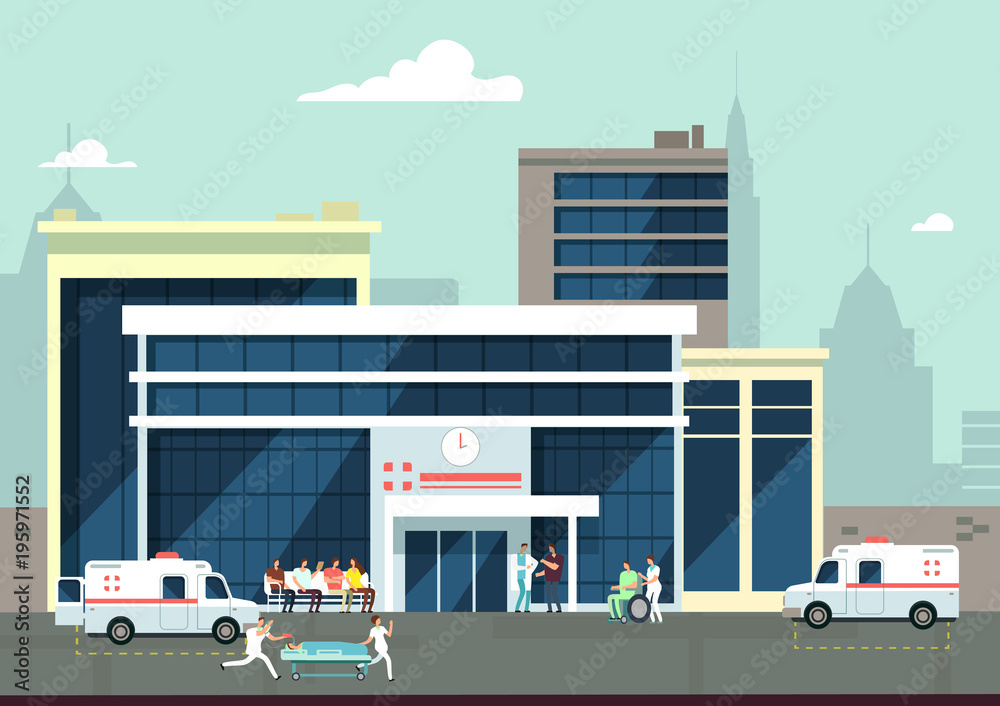 Accident and emergency hospital exterior with doctors and patients. Medical vector concept