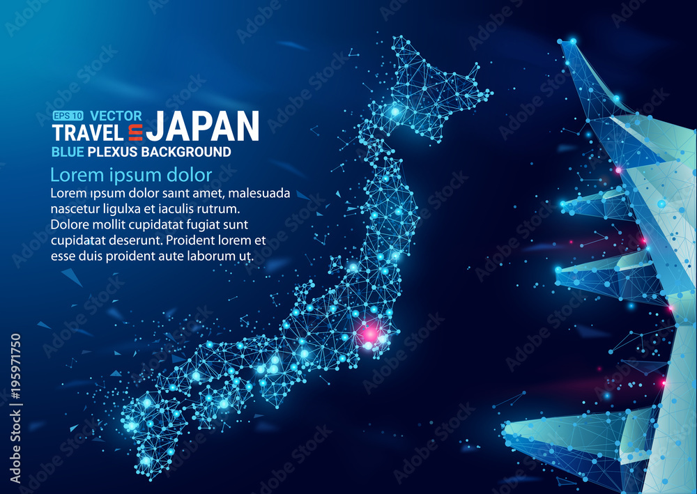 Fototapeta premium Wieloboczna mapa Japonii. Geometryczne tło splot niebieski splot. Kreatywne streszczenie wektor ilustracja. Zaawansowana technologia, komunikacja i podróże. Wpływ ruchomych cząstek i punktów świetlnych.