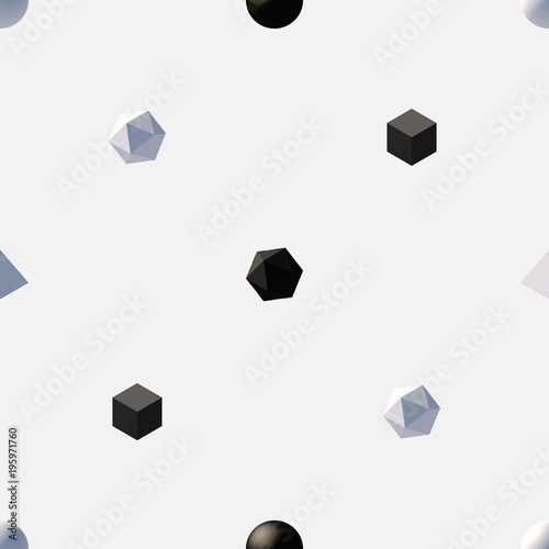 Seamless pattern with 3d primitives. Abstract background with isometric cube, ball, octagon and pyramid. Black and white tileable vector illustration.