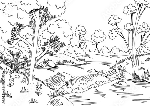 Forest river graphic black white waterfall landscape sketch illustration vector