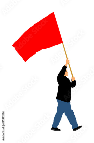 Man walking with flag vector illustration isolated on white background. Angry protester on the street. Man with red flag.