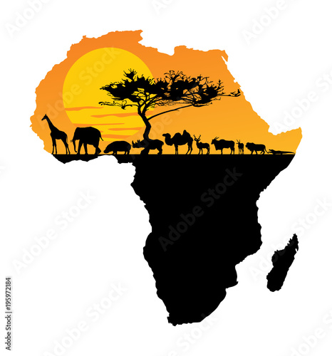 African animals over map of Africa. Safari sunset. Savanna wildlife animals. Big five under acacia tree. Travel invitation card for Africa nature.