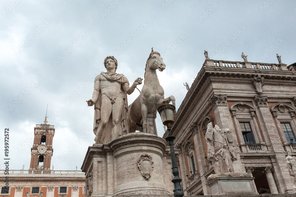 Statue of Castor at the Cordonata Stairs to the Piazza del Campidoglio Square at the Capitoline Hill in Rome