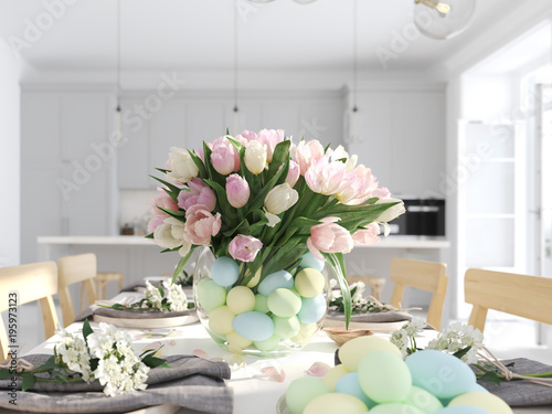 Photography bunch of tulips in a nordic style apartment. 3D rendering