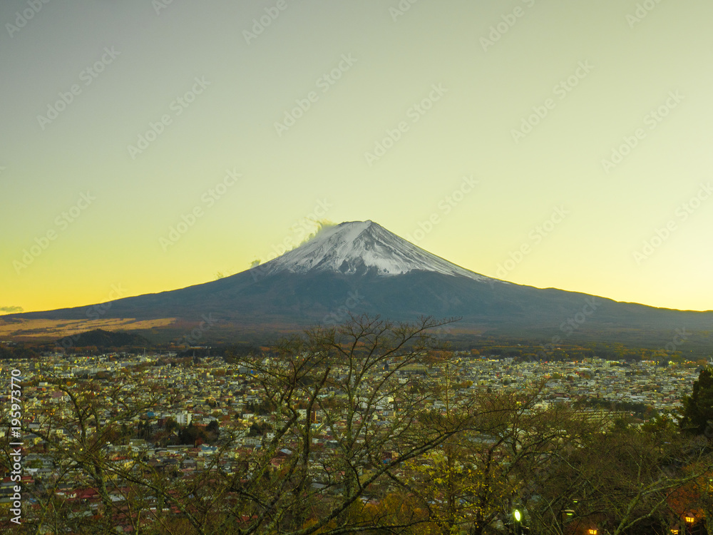 Fuji mountain with golden sky in twilight time. 