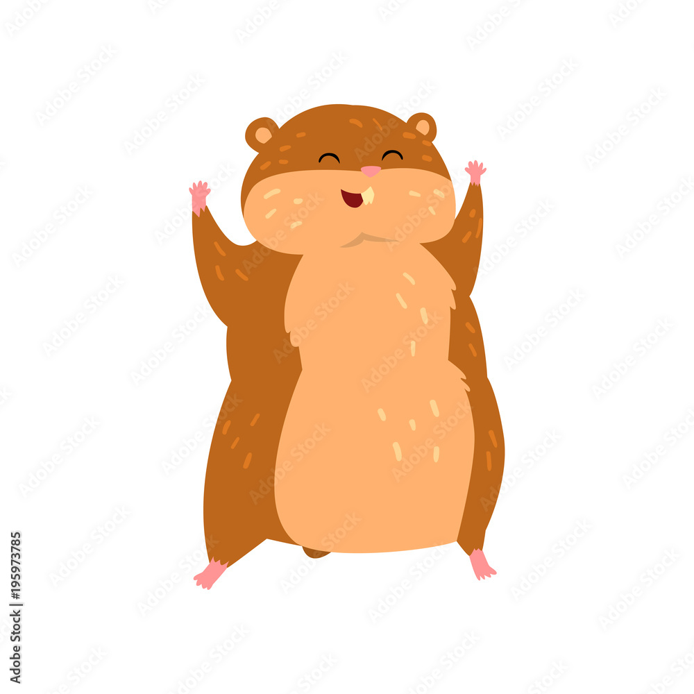 Cute happy cartoon hamster character with raised paws, funny brown rodent animal pet vector Illustration on a white background