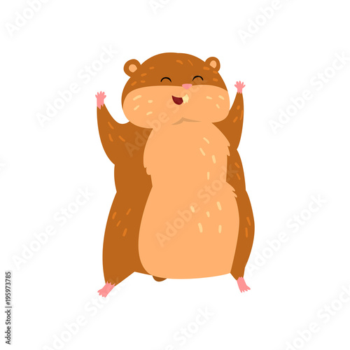 Cute happy cartoon hamster character with raised paws, funny brown rodent animal pet vector Illustration on a white background