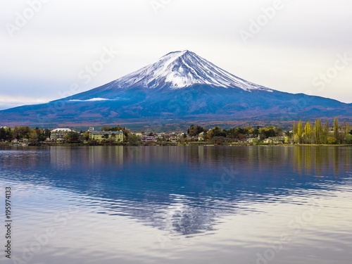 Fuji mountain with cloudy sky and reflection.