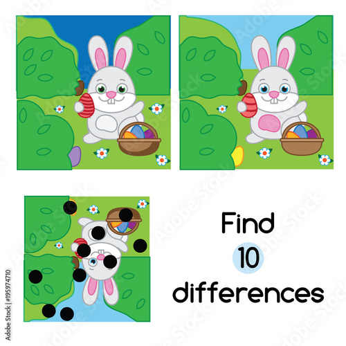 Find the differences educational children game. Kids activity sheet with Egg hunt rabbit. Easter theme