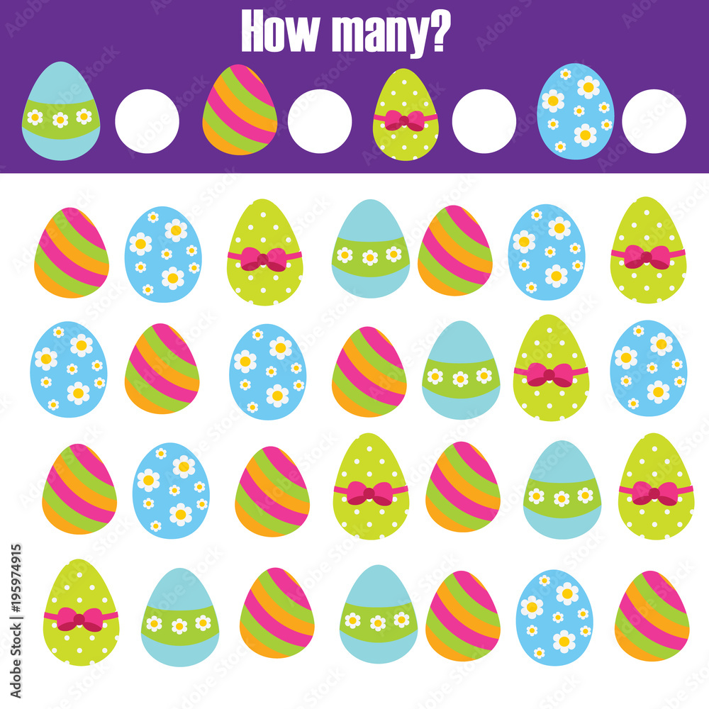 Easter activity. Counting game. How many objects task. Educational children game, learning mathematics Easter activity. Counting game. How many objects task. Educational children game, learning mathematics
