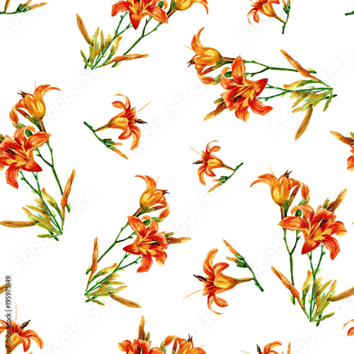 Seamless pattern of lilies painted in watercolor. © Svitlana