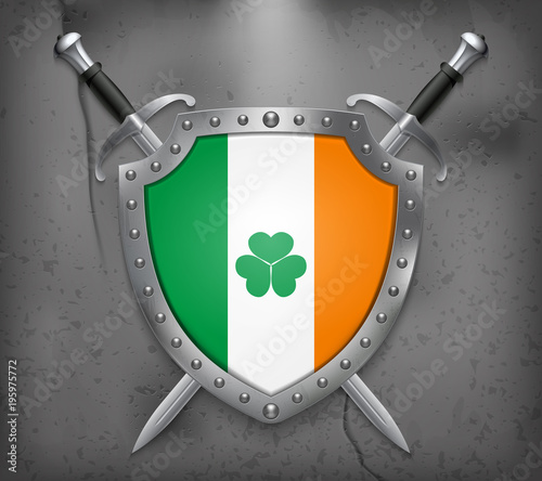 Ireland Flag with Shamrock. The Shield with National Flag. Two Crossed Swords. Medieval Background
