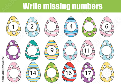 Mathematics educational game for children. Write the missing numbers. Easter theme activity for toddlers