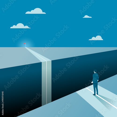 Businessman Facing a Big Gap of His Goal Target, Concept of Business Obstacles with a Big Abyss.