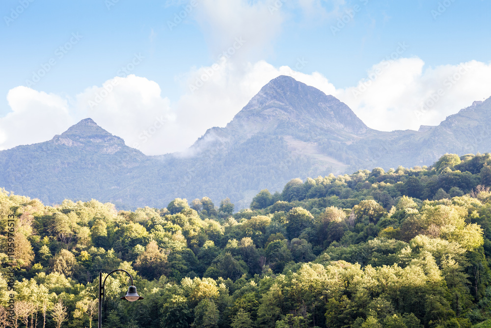 Photo of mountainous landscape with green trees Photo of mountainous landscape with green trees