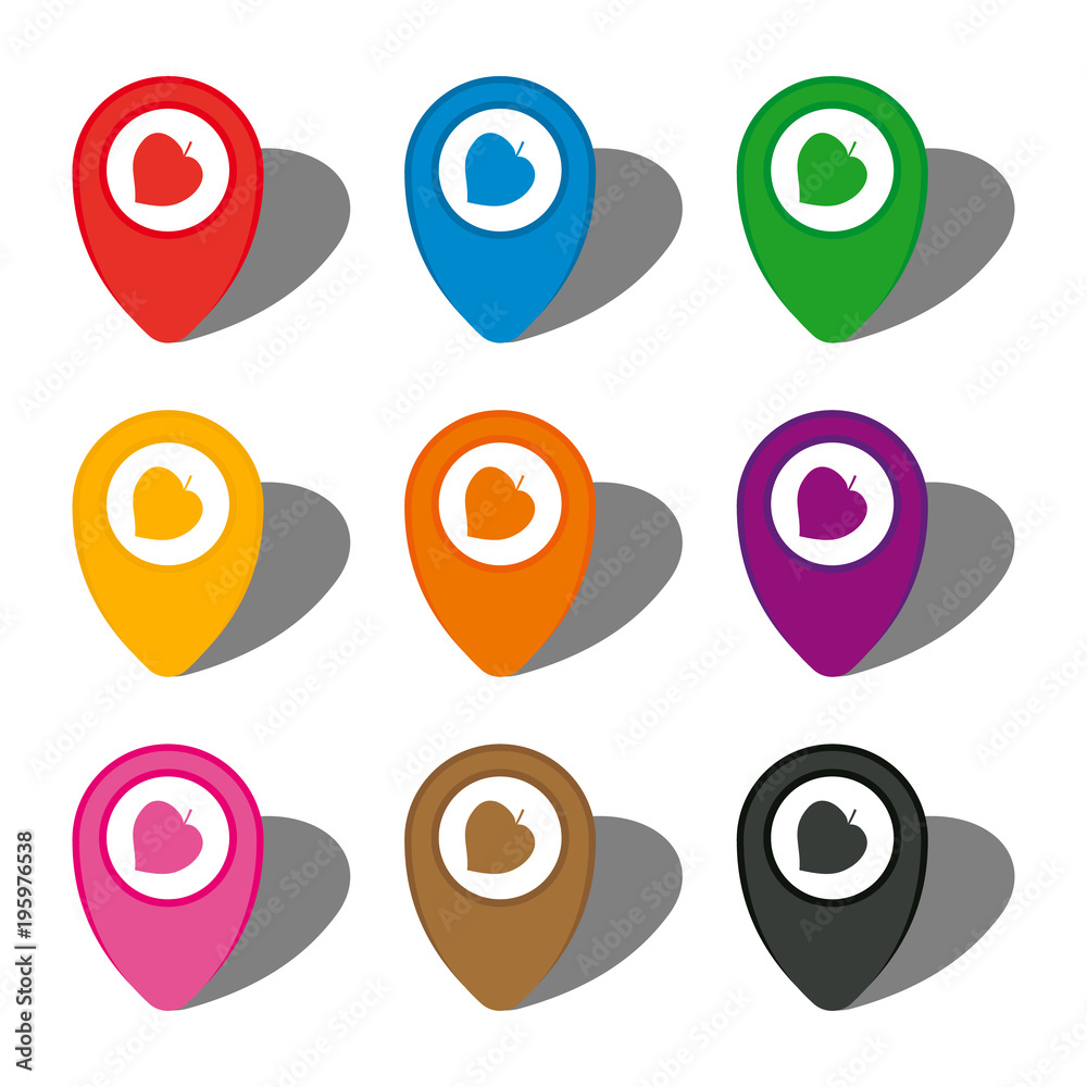 Set of nine colorful map pointers with leaf icon in white circle and with shadow. Vector illustration
