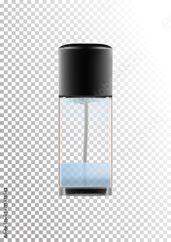Realistic transparent glass bottle for two-phase cosmetic product, tonic, lotion, micellar water.Black lid with dispenser. Isolated object on a transparent background.Vector illustration.