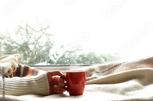 warm home atmosphere with a drink/ Hands in a sweater is holding a red mug on the background of a window overlooking  snow-covered green tree