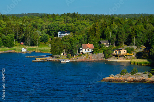 Photography Swedish settlements on islets of Stockholm Archipelago in Baltic Sea, Sweden