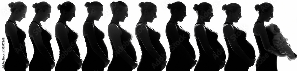 silhouette of a pregnant girl with white hair for nine months and at the end with a newborn