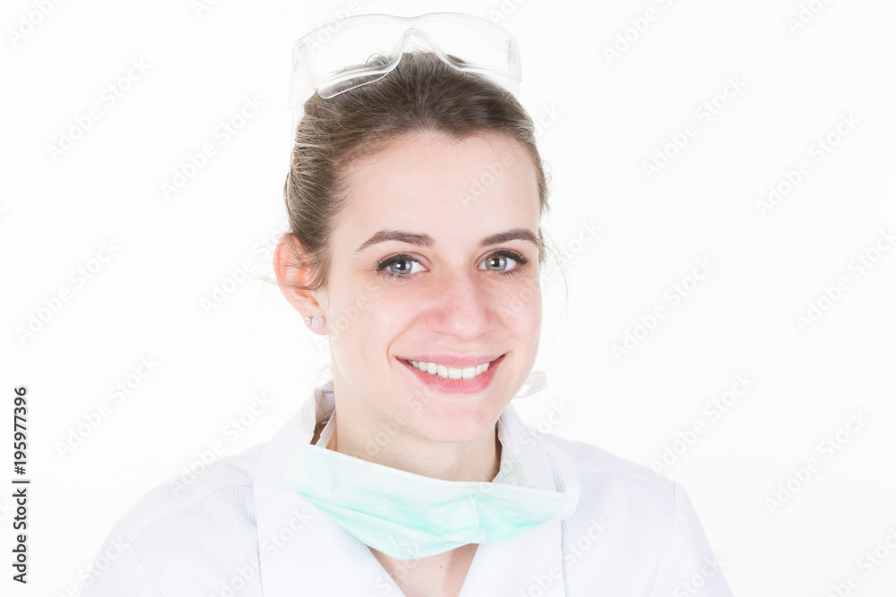 portrait of happy young attractive smiling woman scientist with protective eyeglasses in the scientific chemical laboratory portrait of happy young attractive smiling woman scientist with protective eyeglasses in the scientific chemical laboratory