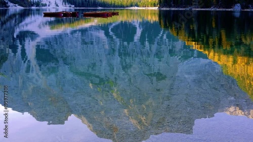 Lake Lago Di Braies In Dolomites, Italy Alps at autumn