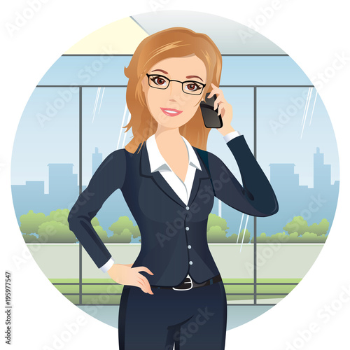 Business woman talking on the phone at the office. Flat design. Vector cartoon illustration