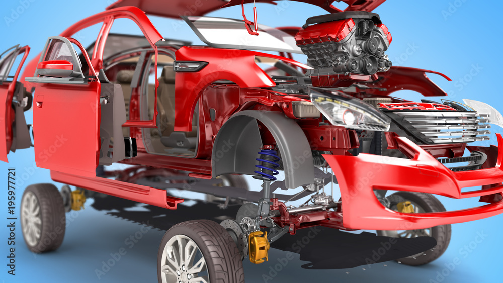 Obraz premium Details of the red car on a blue background 3D render