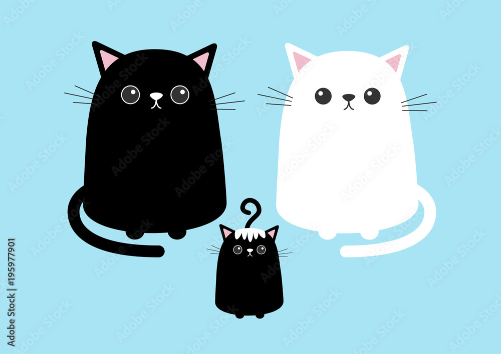 Black white cute cat sitting kitten set. Family father, mother, baby.  Cartoon kitty character. Kawaii animal. Funny face with eyes, mustaches,  nose, ears. Love card. Flat design. Blue background Stock Vector |