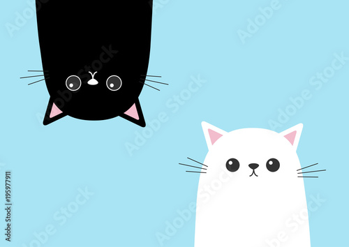 Black funny cat Head silhouette hanging upside down. White kitten head face set. Cute cartoon character Baby collection. Flat design. Blue background. Isolated.