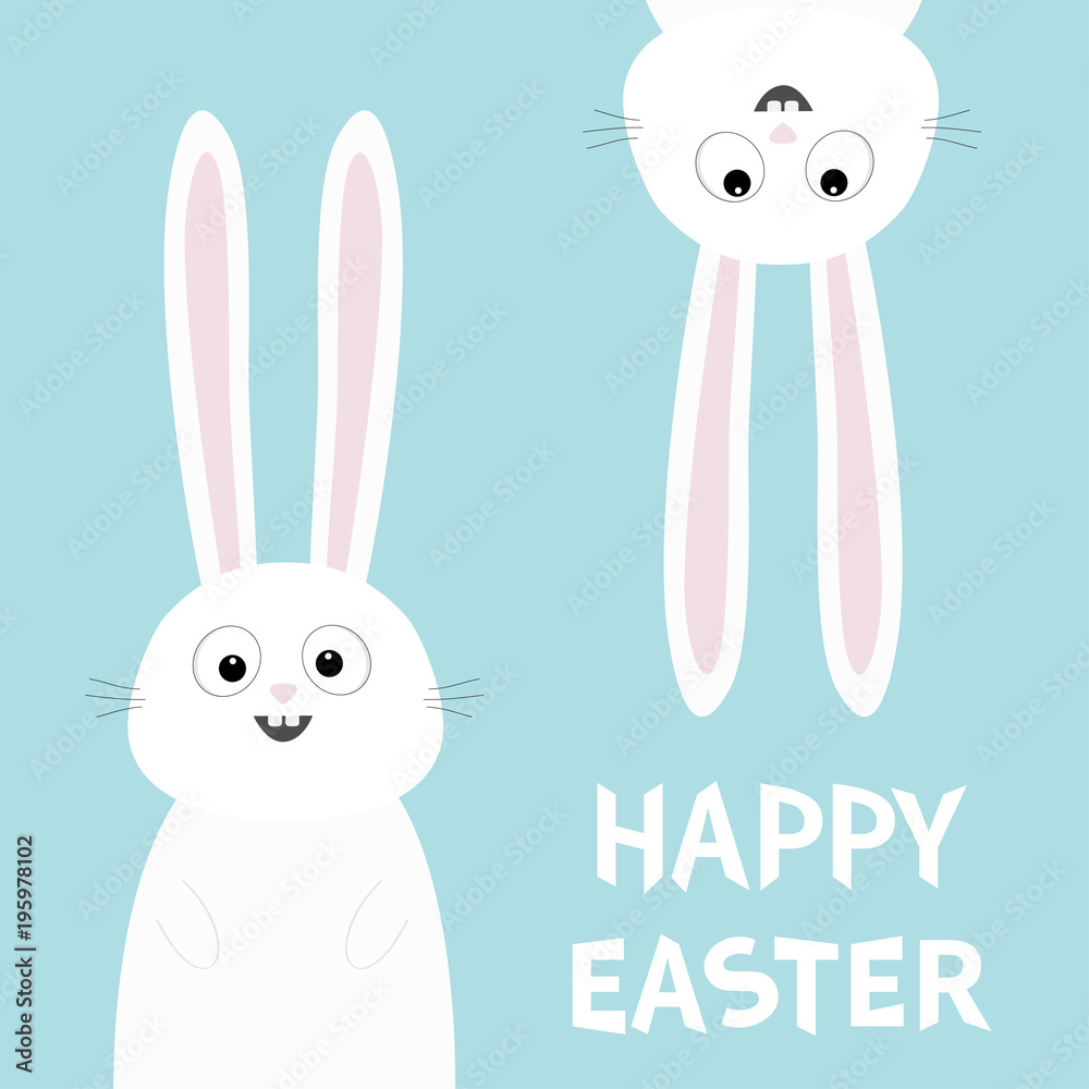 Happy Easter. White bunny rabbit set. Funny head face silhouette hanging  upside down. Eyes, teeth, big long ears. Cute cartoon character Baby  collection. Flat design Blue background Stock Vector | Adobe Stock