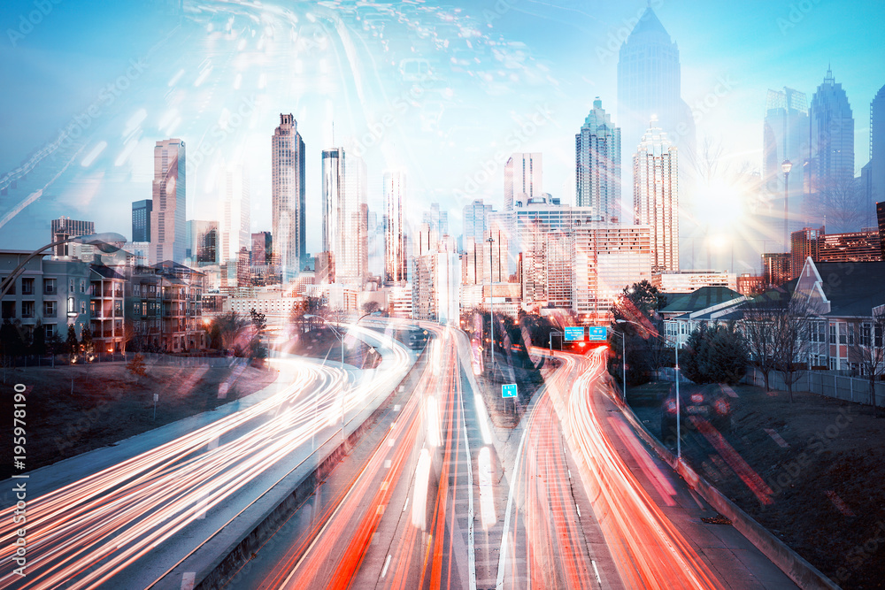 Double exposure of night traffic in modern city