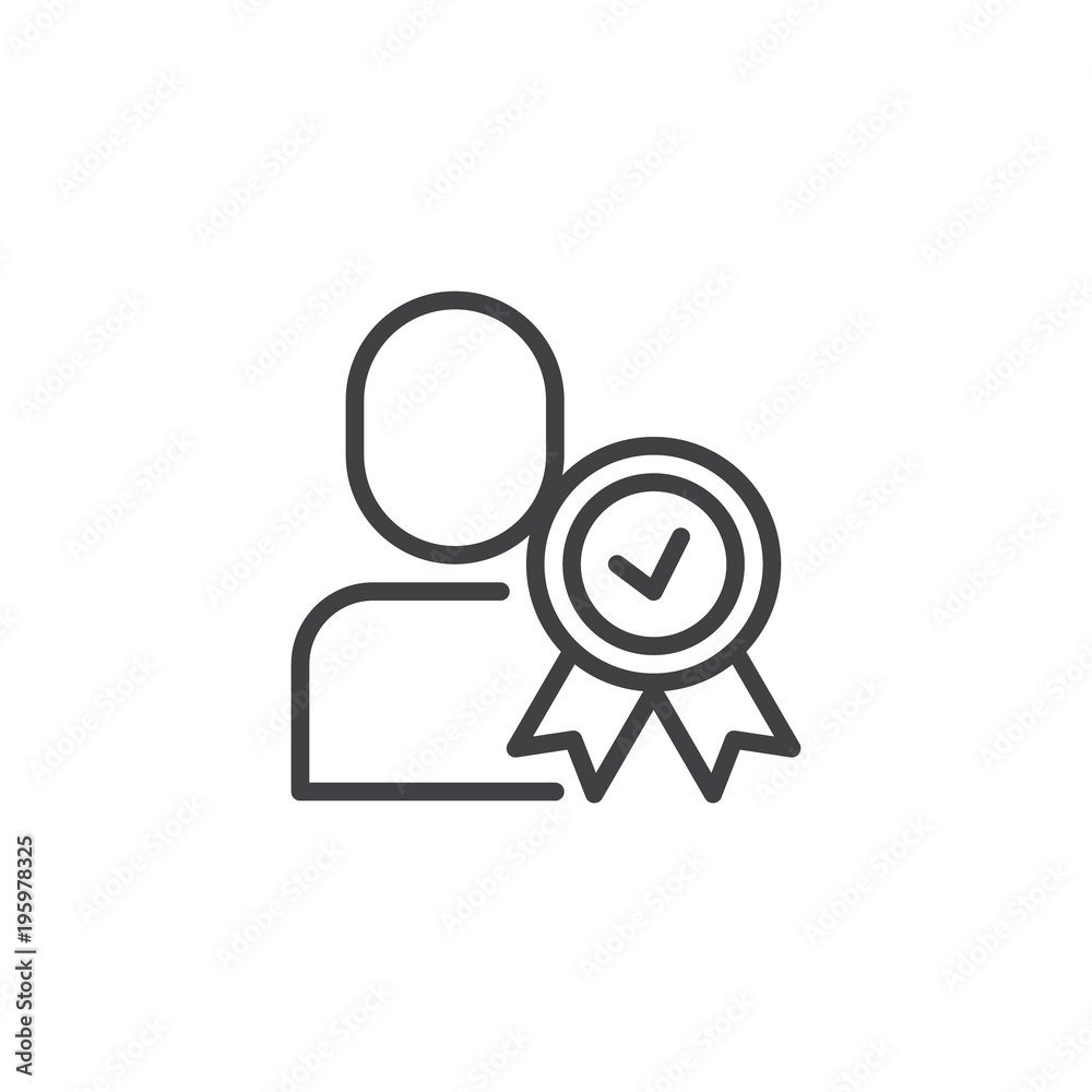 Certified person outline icon. Approved user linear style sign for mobile concept and web design. Man with medal simple line vector icon. Symbol, logo illustration. Pixel perfect vector graphics Certified person outline icon. Approved user linear style sign for mobile concept and web design. Man with medal simple line vector icon. Symbol, logo illustration. Pixel perfect vector graphics