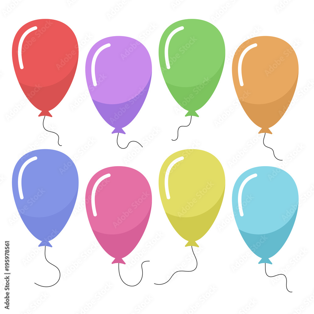Set of eight colorful balloons with a string isolated on white background. Vector illustration
