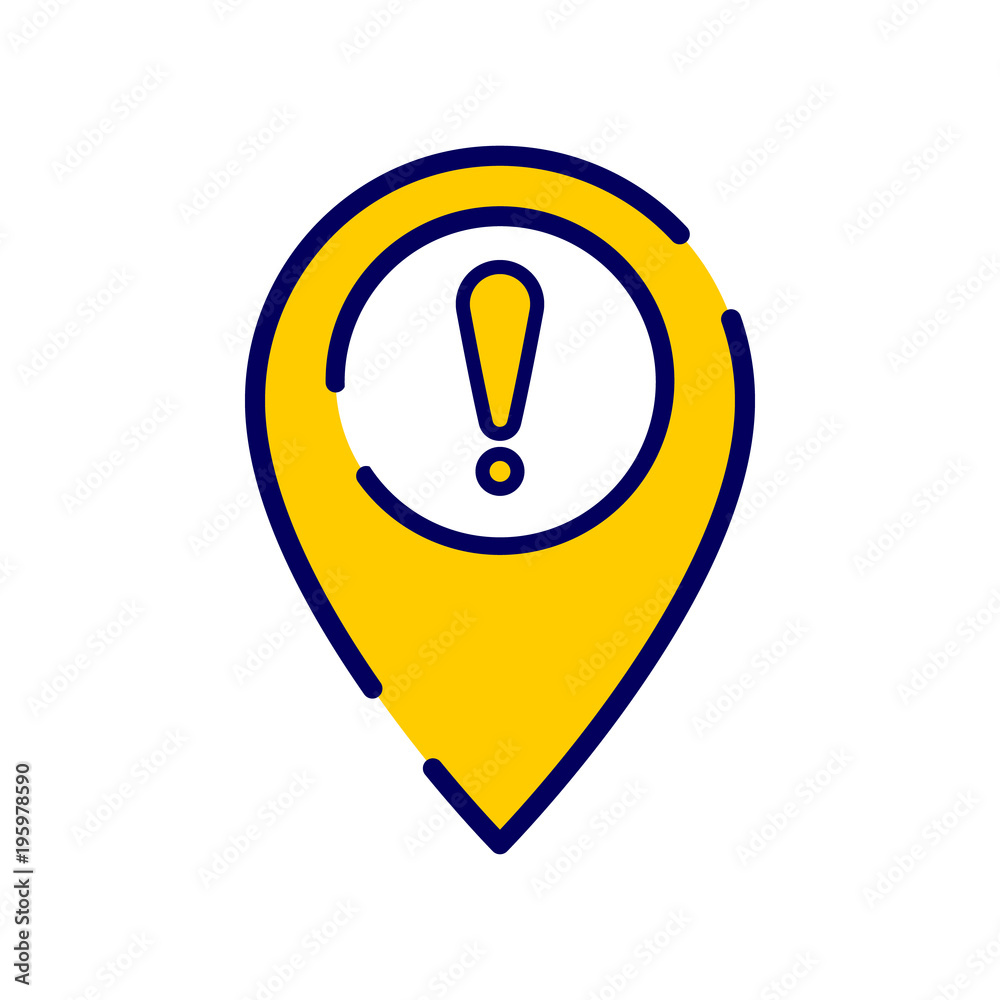 Location icon with exclamation mark. Location icon and alert, error, alarm, danger concept Location icon with exclamation mark. Location icon and alert, error, alarm, danger concept