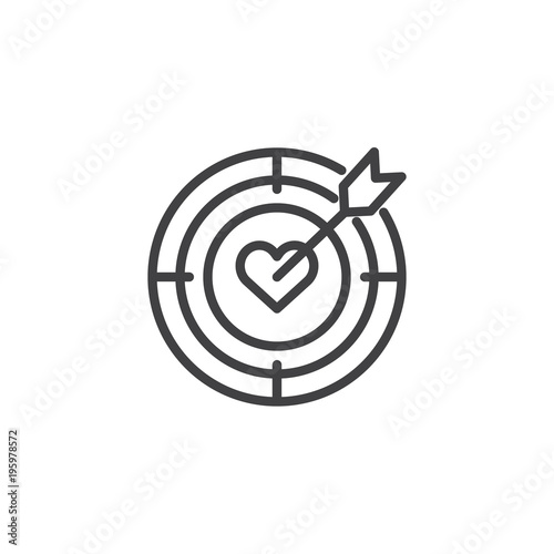 Heart target aim with arrow outline icon. linear style sign for mobile concept and web design. Dart Hitting A Target with heart simple line vector icon. Symbol, logo illustration