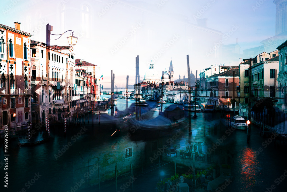 Double exposure of old city canal view