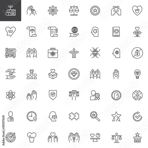 Ethics universal outline icons set. linear symbols collection, line signs pack. vector graphics. Set includes icons as knowledge, law scales, puzzle, business, teamwork, science, donation charity
