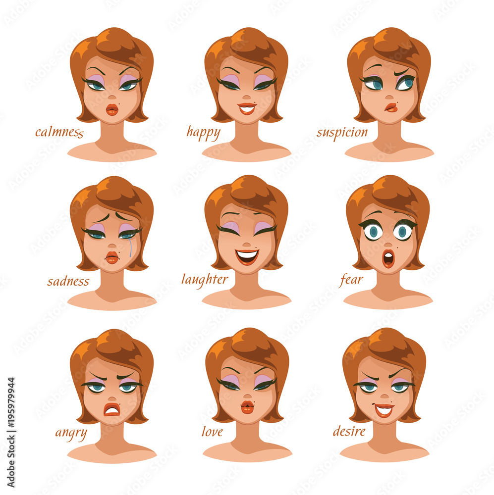 Woman character expressions emotions set. Vector illustration Woman character expressions emotions set. Vector illustration