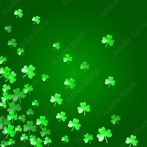 St patricks day background with shamrock. Lucky trefoil confetti. Glitter frame of clover leaves. Template for gift coupons  vouchers  ads  events. Greeting st patricks day backdrop.