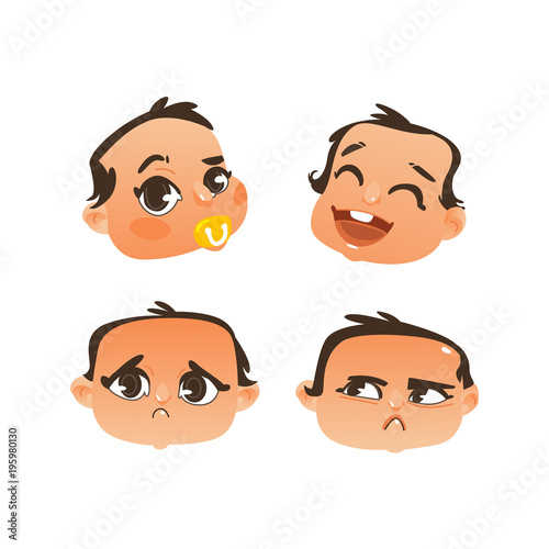 Vector flat baby face with facial expression set. dissapointed unhappy crying, curious child sucking nipple, happy smiling laughing offended emotions. Cartoon character portrait. Isolated illustration