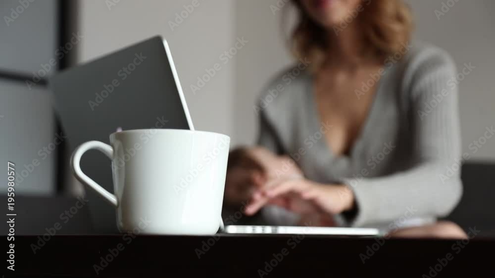 Mother with a child try to work on laptop computer at home Mother with a child try to work on laptop computer at home