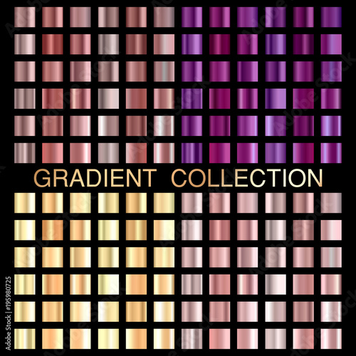 Gold rose, ultraviolet and gold foil texture background set. Vector shiny and metal gradient collection. Design for frame, ribbon, coin, abstract
