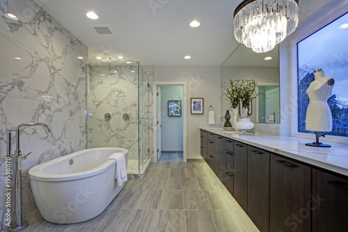 White and gray calcutta marble bathroom design photo