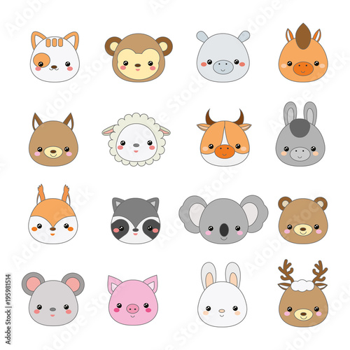 Cute animals faces. Big set of cartoon kawaii wildlife and farm animals icons