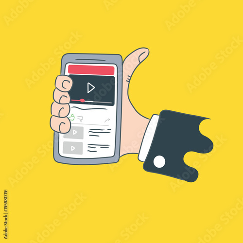 Hands holding a phone with a movie application. Graphic set.
Modern, drawn vector illustrations for use on websites, banners and leaflets.