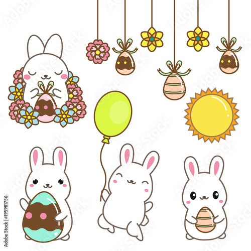 Cute cartoon bunnies. Easter rabbits with eggs and flowers. Isolated clip art for Easter design, stickers. Kawaii style
