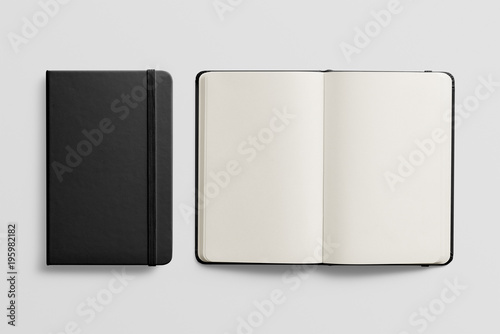 Photorealistic black leather notebook mockup on light grey background. Front and opened view.