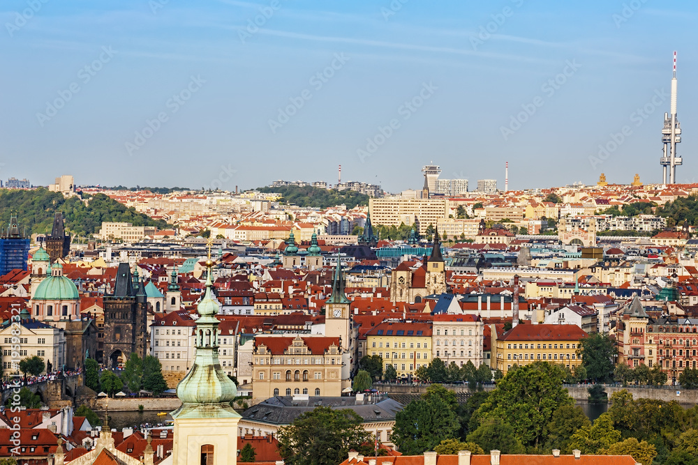 .Panoramic view On the Charles Bridge, the embankment of the Vltava River and the historic center of Prague. Czech Republic.